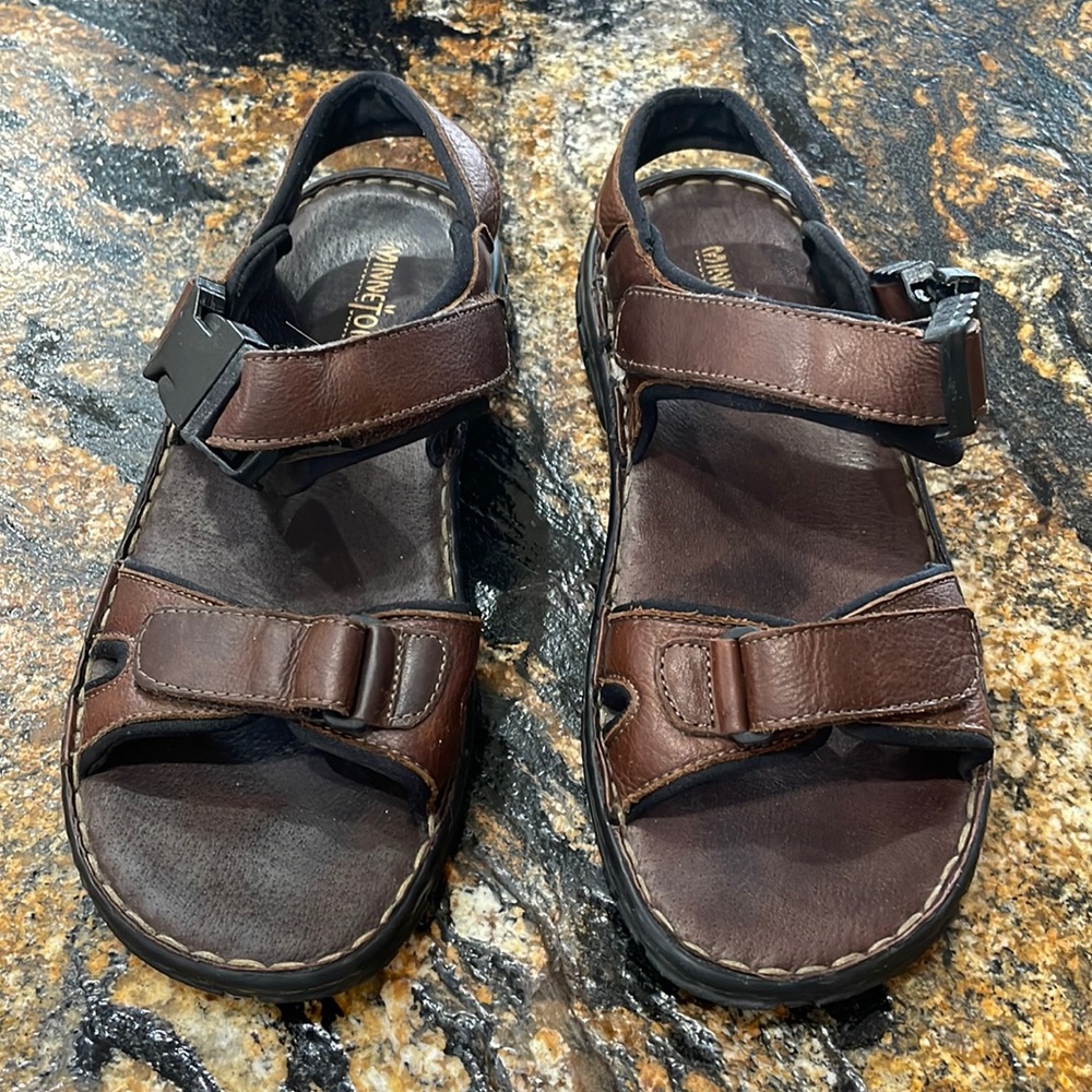 Men’s MinneTonka sandals, Velcro straps, rubber soles, rich dark brown leather,
